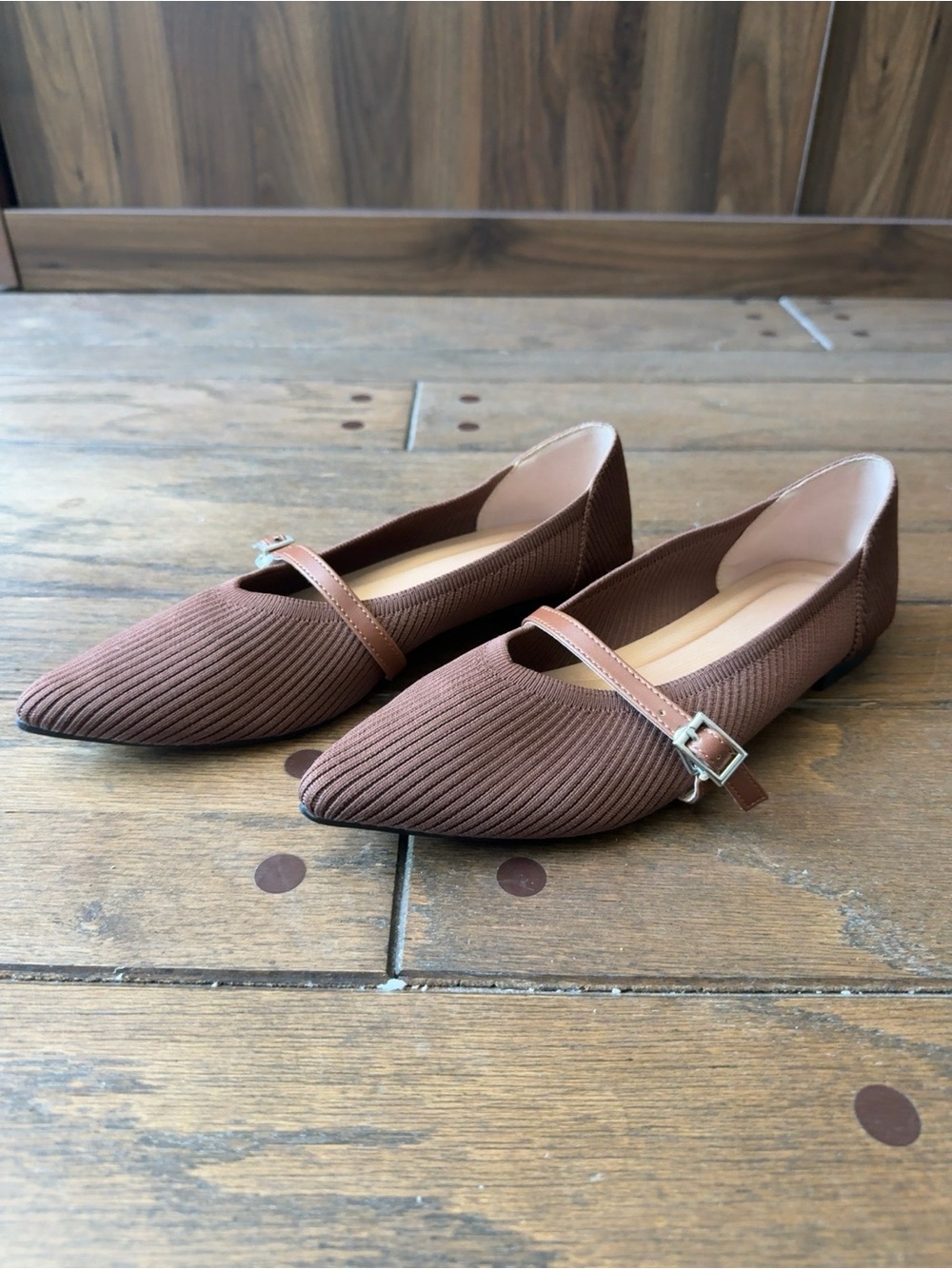 SHEIN Brown Pointed Ribbed Mary Jane Flats with Buckle Strap